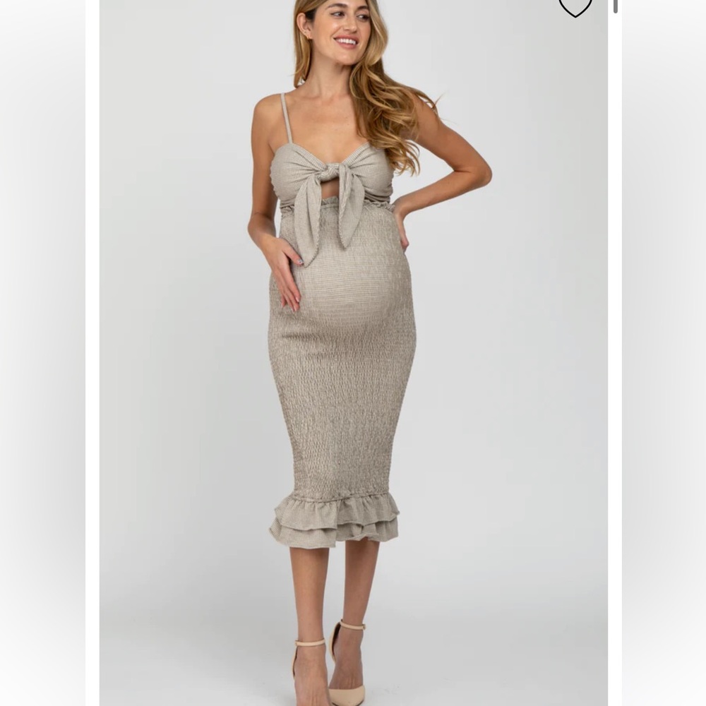 Mocha Gingham Print Smocked Fitted Self-Tie Maternity Midi Dress
